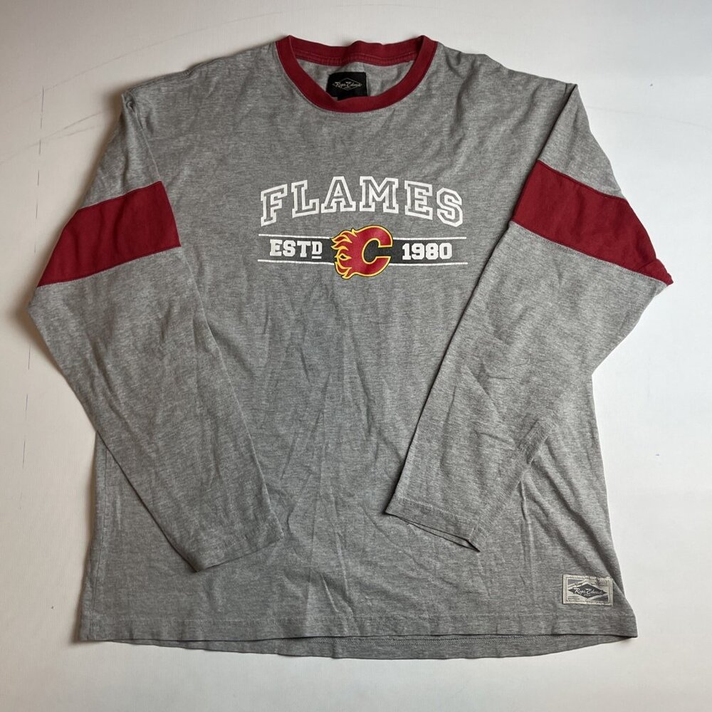 Roger Edwards CANADA MADE Men Sz  L Gray Red Calgary Flames NHL Long Sleeve